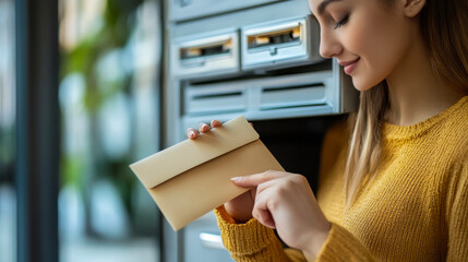 Young Woman Sending Letter, Placing Envelope in Mailbox, Casual Setting, Concept of Personal Communication, Yellow Sweater, Modern Mailboxes, Indoor, Focused Expression, Side View