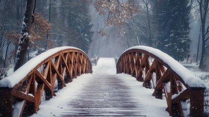 Poster - A bridge in the snow covered woods with trees and a path, AI