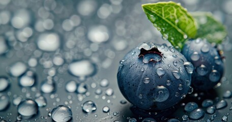 Wall Mural - Fresh Blueberry With Water Droplets and Mint Leaves on Dark Surface