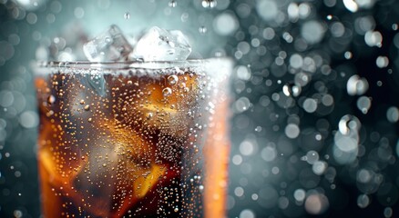 Wall Mural - Refreshing Drink With Ice in Raindrops on a Dark Background