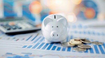 White Piggy Bank Surrounded by Coins and Financial Charts on a Desk