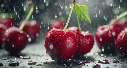 Wall Mural - Fresh Cherries Under Rainfall on Dark Surface