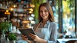 © Irina Ukrainets - A smiling young woman holds a tablet in a cozy cafe. She is wearing an apron. The setting is warm and inviting, perfect for a dining experience. The style is modern and friendly. AI