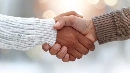 Wall Mural - Handshake Between Two People in Cozy Sweaters on a Soft Blurred Background