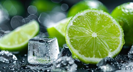 Canvas Print - Fresh Lime Slices With Water Droplets On A Dark Surface