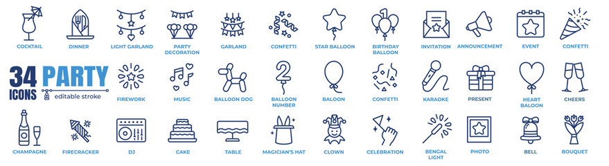 Party and event minimal thin line web icon set. Outline editable icons collection. Simple vector illustration.v