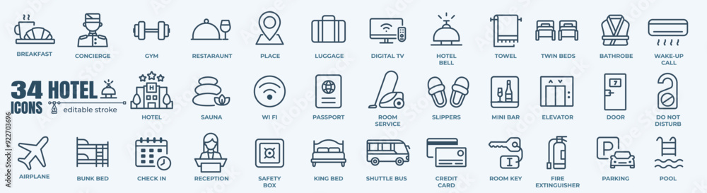 Hotel and hostel minimal thin line web icon set. Outline editable icons ...
