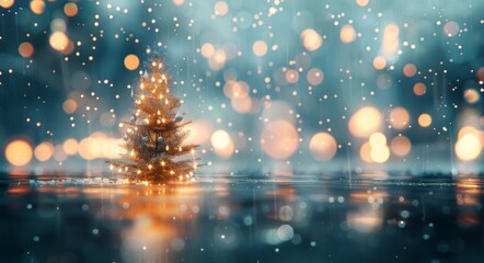 Wall Mural - Sparkling Christmas Tree in Snow With Warm Lights and Soft Bokeh Background