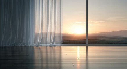 Canvas Print - Serene Sunrise View Through Sheer Curtains in a Mountain Retreat