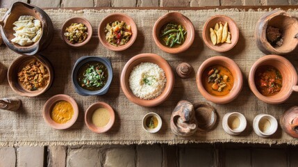 Wall Mural - A table with many bowls of food on it and a cloth, AI