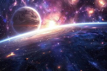 Wall Mural - Breathtaking view of a distant planet and a mesmerizing cosmic landscape with vibrant colors and glowing stars.