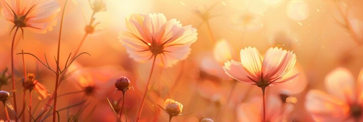 Poster - Delicate cosmos flowers illuminated by soft morning light, set against a warm amber sky with a gentle breeze.