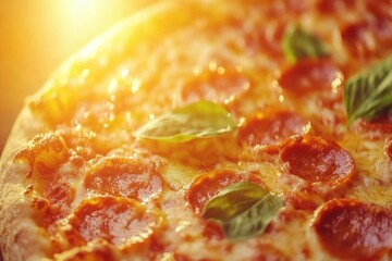 Wall Mural - Close up of pizza with pepperoni and basil in golden sunlight-gigapixel-hq-scale-6_00x