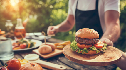 Close up de homem segurando prato com hambúrguer grelhado caseiro e talheres. Churrasco ao ar livre no verão. Banner com copyspace.