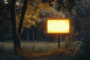 Wall Mural - A yellow sign stands out in a dense forest, surrounded by trees and foliage