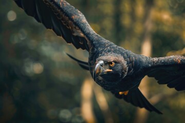 Poster - A large black bird soaring through the sky with outstretched wings