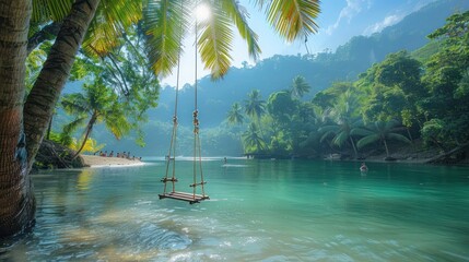 Wall Mural - A lush palm tree jungle in the Philippines, capturing the essence of tropical wanderlust. A serene river flows through the landscape, where people are seen swinging and having fun