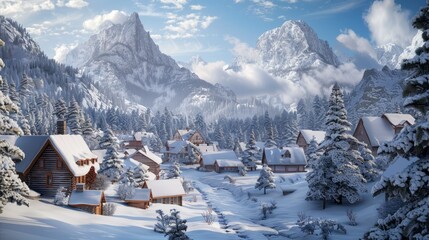 Wall Mural - Snowy village in a winter wonderland