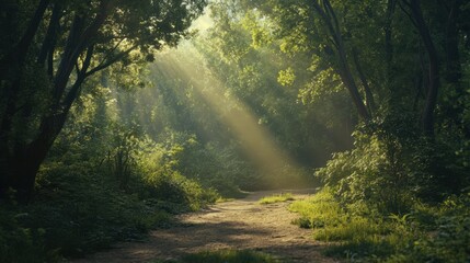 Wall Mural - A dirt road in a forest with sun shining through the trees, AI