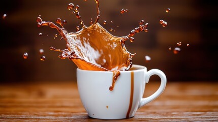 A close-up of a white coffee cup with a splash of coffee frozen mid-air, set against a wooden background, emphasizing motion and energy.