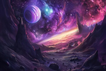 Wall Mural - Purple alien planet landscape with two moons and a starry sky