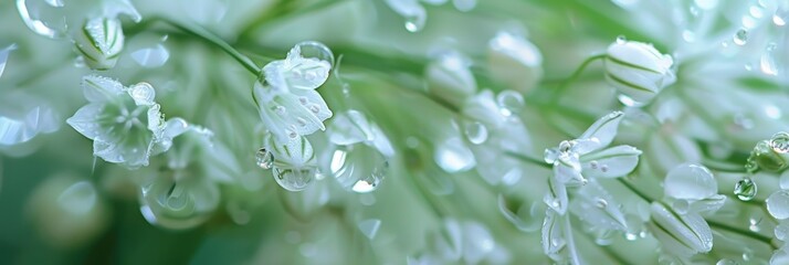 Wall Mural - Close-up macro shot of raindrops on garlic chive flowers on a cloudy spring day.