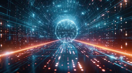 Leinwandbilder - A futuristic digital world with binary code, symbolizing the impact of AI on global data and technology development. The center features an illuminated globe surrounded by light beams. Generative AI.