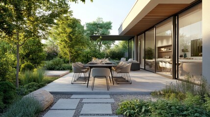 With a dining table and chairs, a modern terrace. A party garden in the summer.