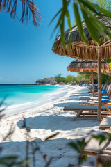 The bright blue sky, sparkling turquoise water, and golden sand evoke feelings of warmth and happiness.