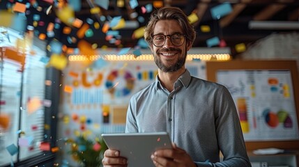 Aufkleber - A businessman standing in a modern office, triumphantly holding a tablet displaying impressive sales figures. Surrounding him are colorful charts and graphs that visually represent.