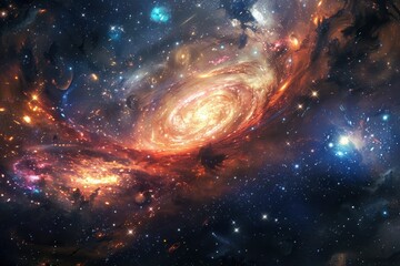 Wall Mural - Glowing spiral galaxy with bright red orange yellow star clusters and dust clouds in deep outer space