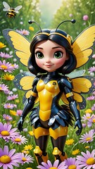 Adorable bee girl with wings stands in a field of flowers.