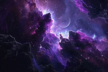 Wall Mural - Purple Nebula with Stars and a Distant Moon