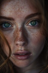 Sticker - A close-up shot of a woman with distinctive freckles on her face