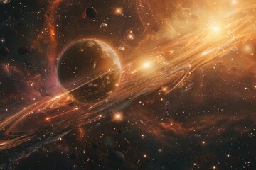 Wall Mural - breathtaking digital painting of a distant planet with intricate ring systems and a vibrant cosmic b