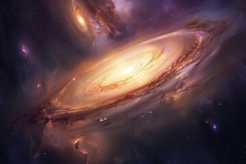 Wall Mural - Glowing spiral galaxy with bright center and dark dust lanes in deep space.