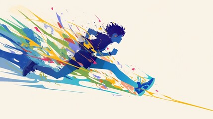 Teenager student run so fast with colorful splash explosion isolated on white background, silhouette, concept of youth, colorful life, promising future, passionate anime character illustration