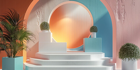 Aufkleber - Modern podium with accumulation of pale pink, white, pale green, blue and orange. Generative AI.