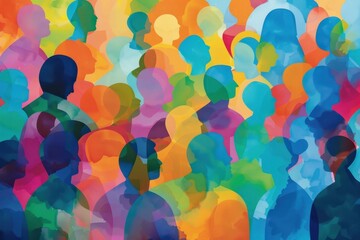 A crowd of diverse people, representing the global community This abstract art style illustration features soft gradients and vibrant colors Generative AI