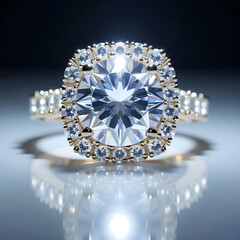 A halo diamond ring with a large central diamond surrounded by smaller diamonds, creating an extraordinary sparkle.