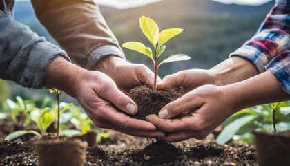 Two people planting a small sprout, saving the planet and protecting the environment