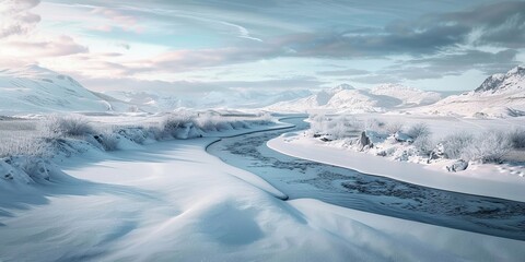 Wall Mural - Icy river winding through a snowy landscape