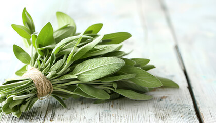 Wall Mural - Bunch of fresh sage leaves on wooden table, closeup