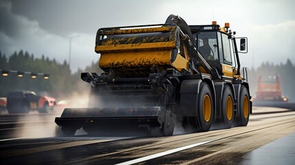 A photo of an asphalt paver machine in action.