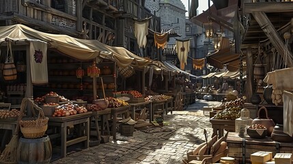 Wall Mural - Medieval marketplace with wooden stalls