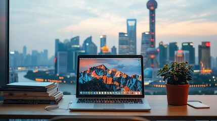 Aufkleber - An open laptop on the desk, On top is a stack of books and behind it there's city skyline in China. Generative AI.