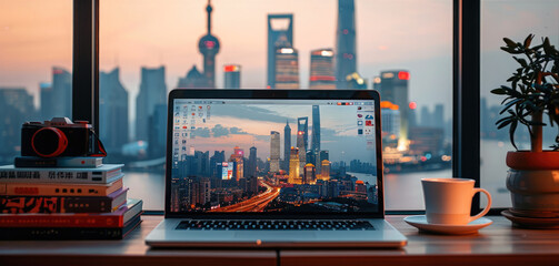 Leinwandbilder - An open laptop on the desk, On top is a stack of books and behind it there's city skyline in China. Generative AI.