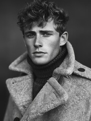 Wall Mural - Black and white portrait of a male model wearing a wool coat outdoors