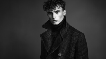 Black and white portrait of male model wearing a stylish coat