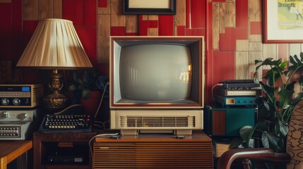 Canvas Print - A classic television set sits atop a rustic wooden table, perfect for nostalgic decor or retro-themed sets